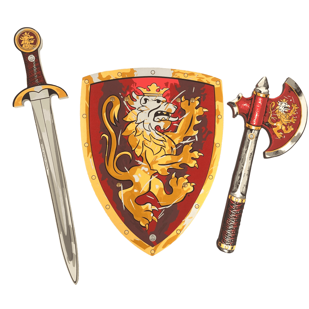Knight Gift Liontouch Noble Knight Armor Set with Sword, Shield, and Axe in Red.